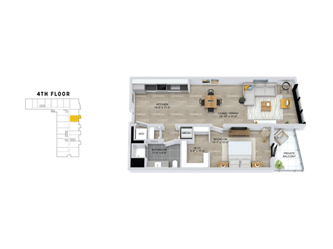Floor plan for 1 bed, 1 bath, 887 sqft